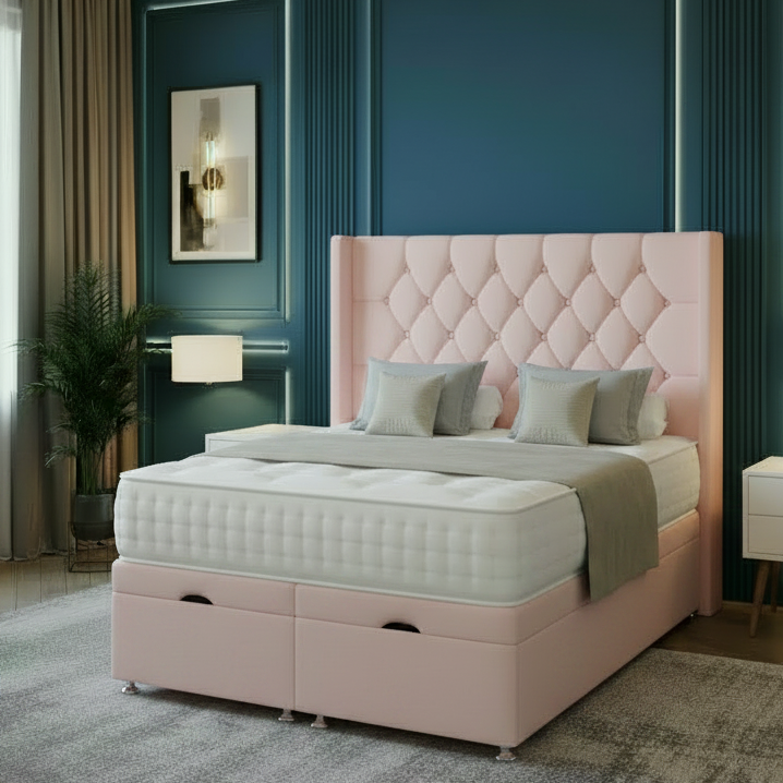 Modern bedroom with a large bed, nightstands, and decorative elements.