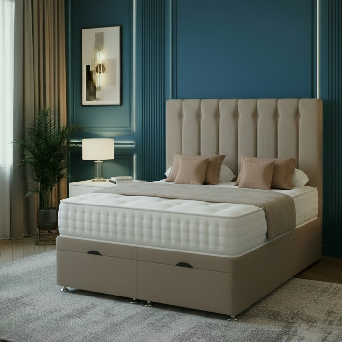 Modern bedroom with a gray upholstered bed, nightstands, and decorative elements.