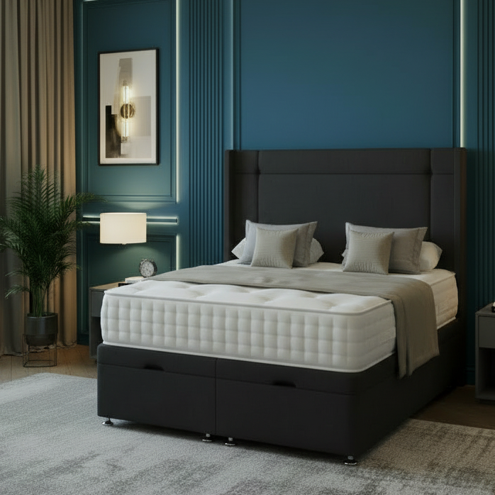 Modern bedroom with a large bed, nightstands, and decorative elements.
