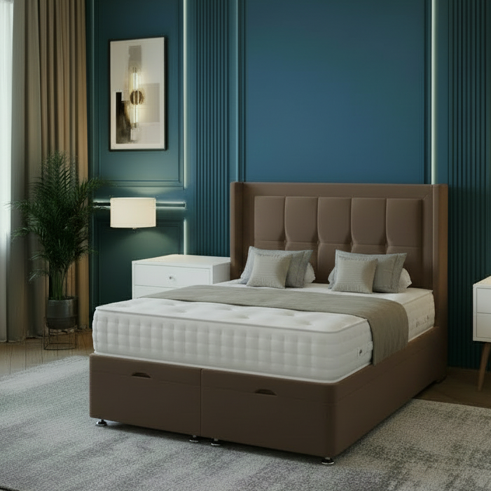 Modern bedroom with a large bed, nightstands, and decorative elements.