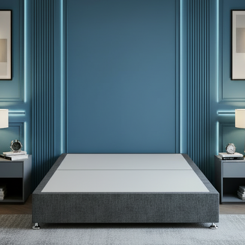 Modern bedroom with gray bed, nightstands, and wall art.