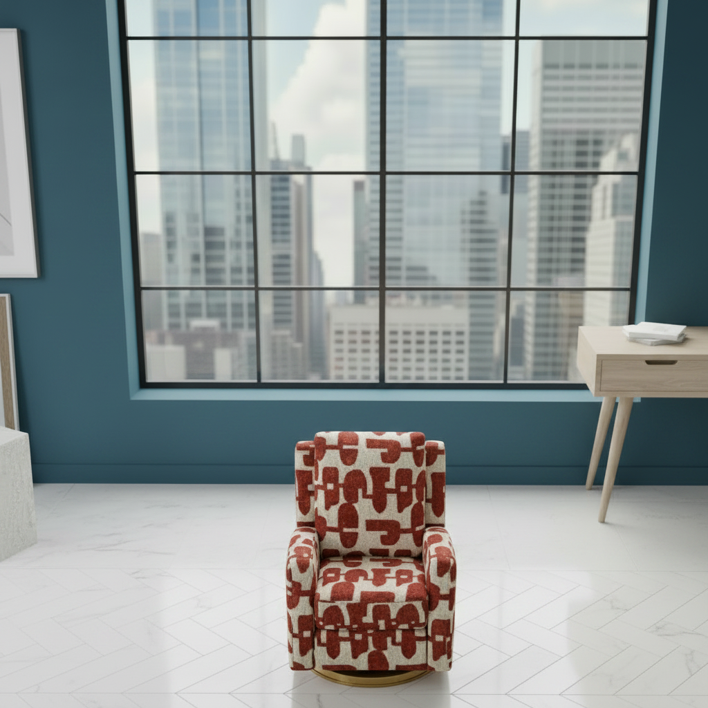 Red and white patterned armchair in a modern room with large windows.