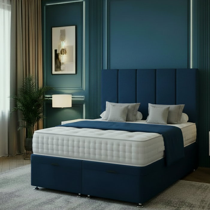 Modern bedroom with a large bed, nightstands, and decorative elements.