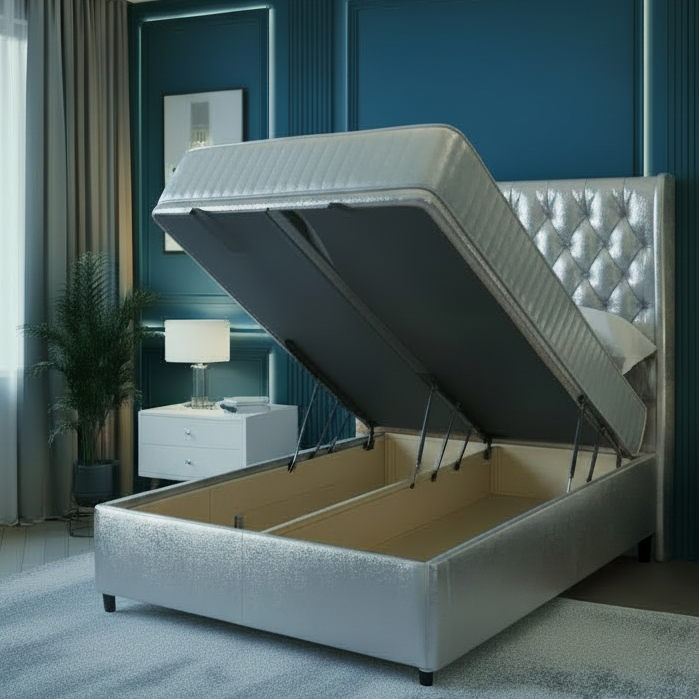 Modern bedroom with an open bed showing storage compartments.
