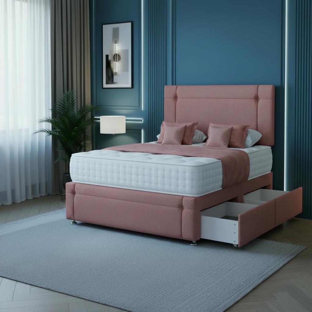 Gray upholstered bed with storage drawers in a bedroom setting.