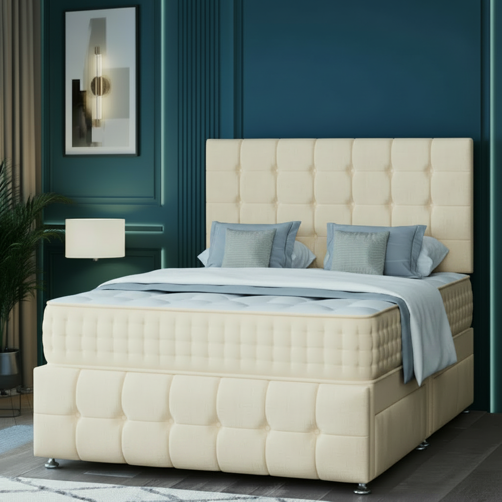 Gray upholstered bed with tufted design in a bedroom setting.