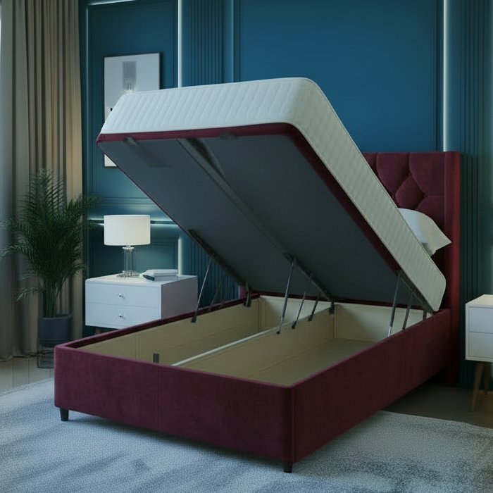 Pink bed with storage compartment in a stylish bedroom