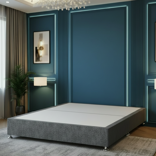 Modern bedroom with a gray bed, decorative wall lights, and plants.