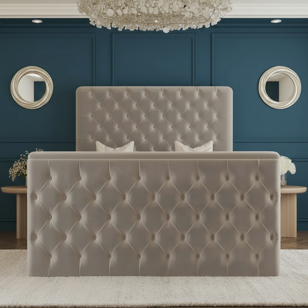 Gray tufted headboard in a bedroom setting with decorative mirrors and chandelier.