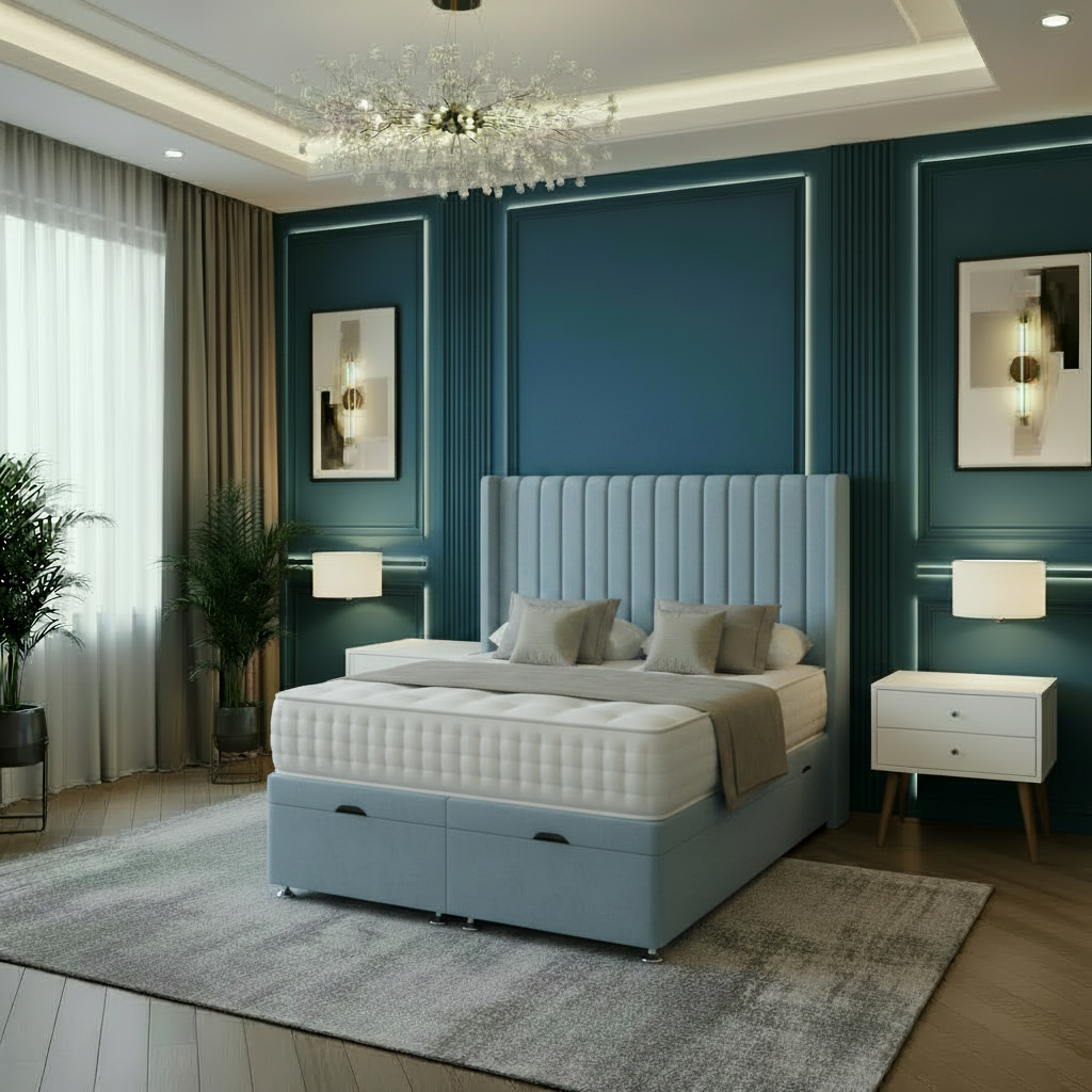 Modern bedroom with a large bed, nightstands, and decorative elements.