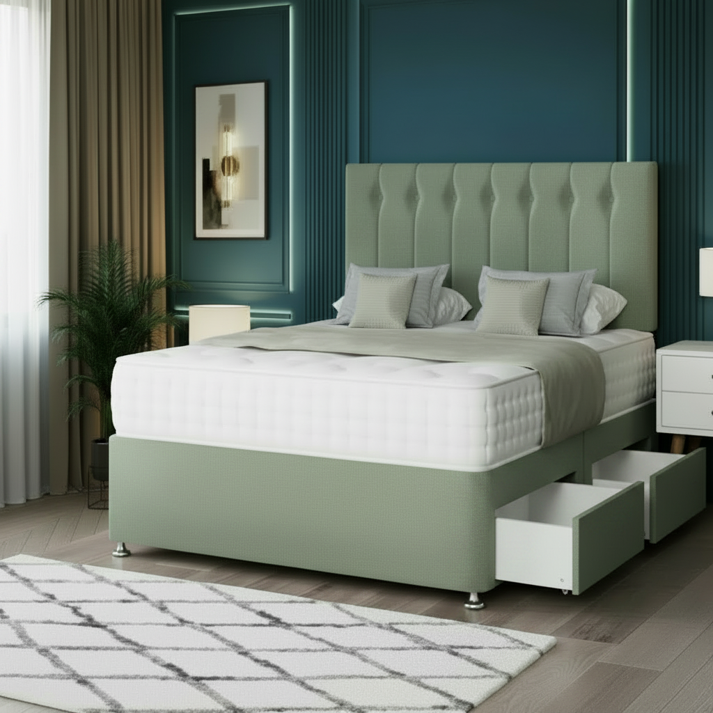 Beige upholstered bed with storage drawers in a bedroom setting.