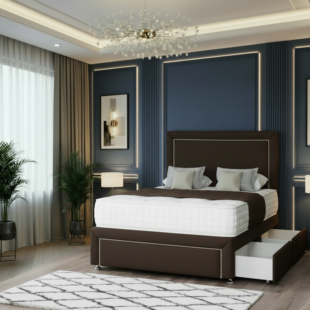 Modern bedroom with a beige upholstered bed, blue walls, and decorative elements.