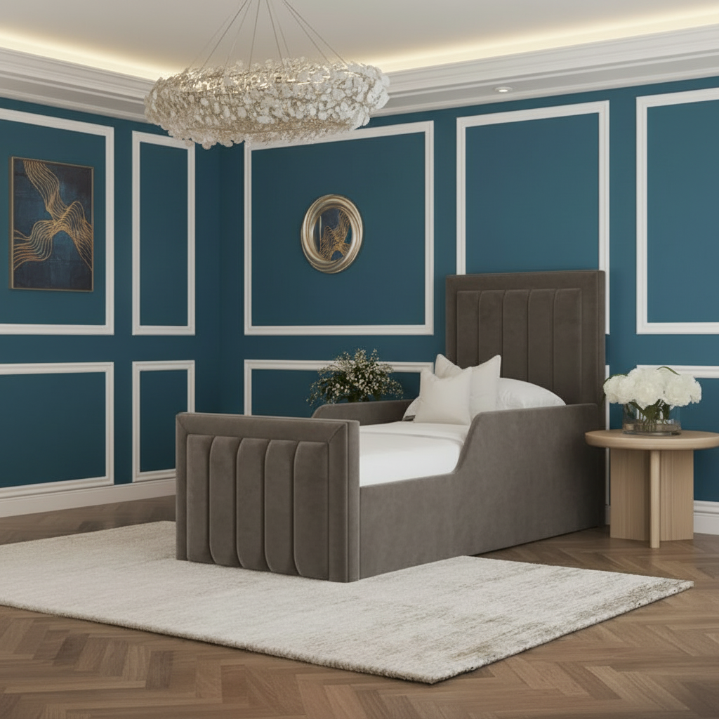 Modern bedroom with a gray upholstered bed, chandelier, and decorative elements.