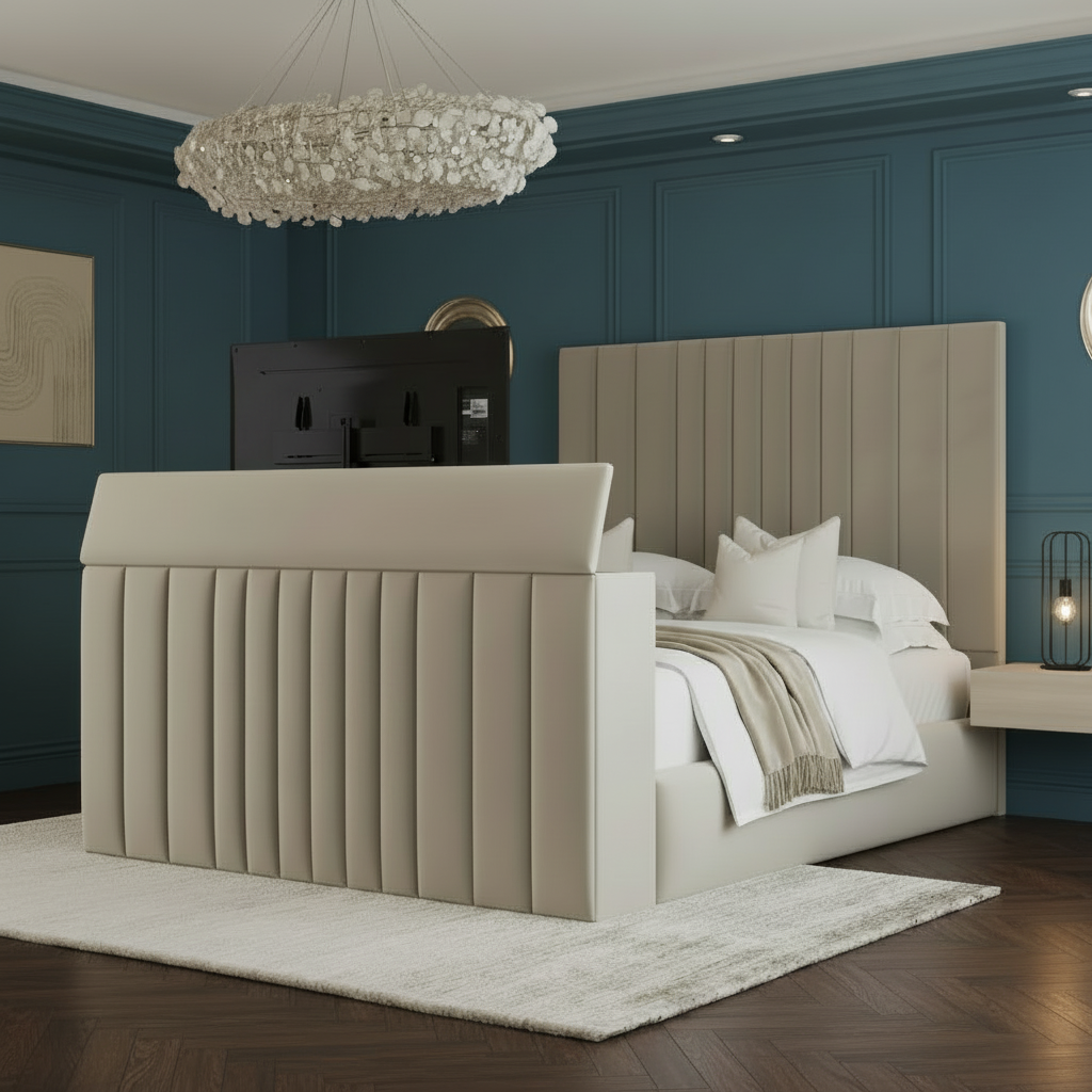 Modern bedroom with a beige upholstered bed and decorative headboard.