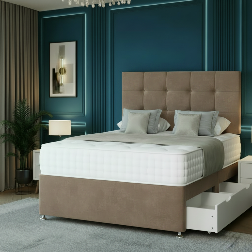 Gray upholstered bed with tufted headboard in a bedroom setting.