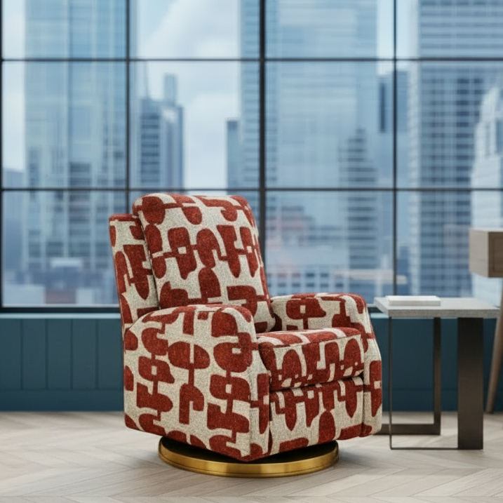 Red patterned armchair in a modern room with large windows showing a cityscape.