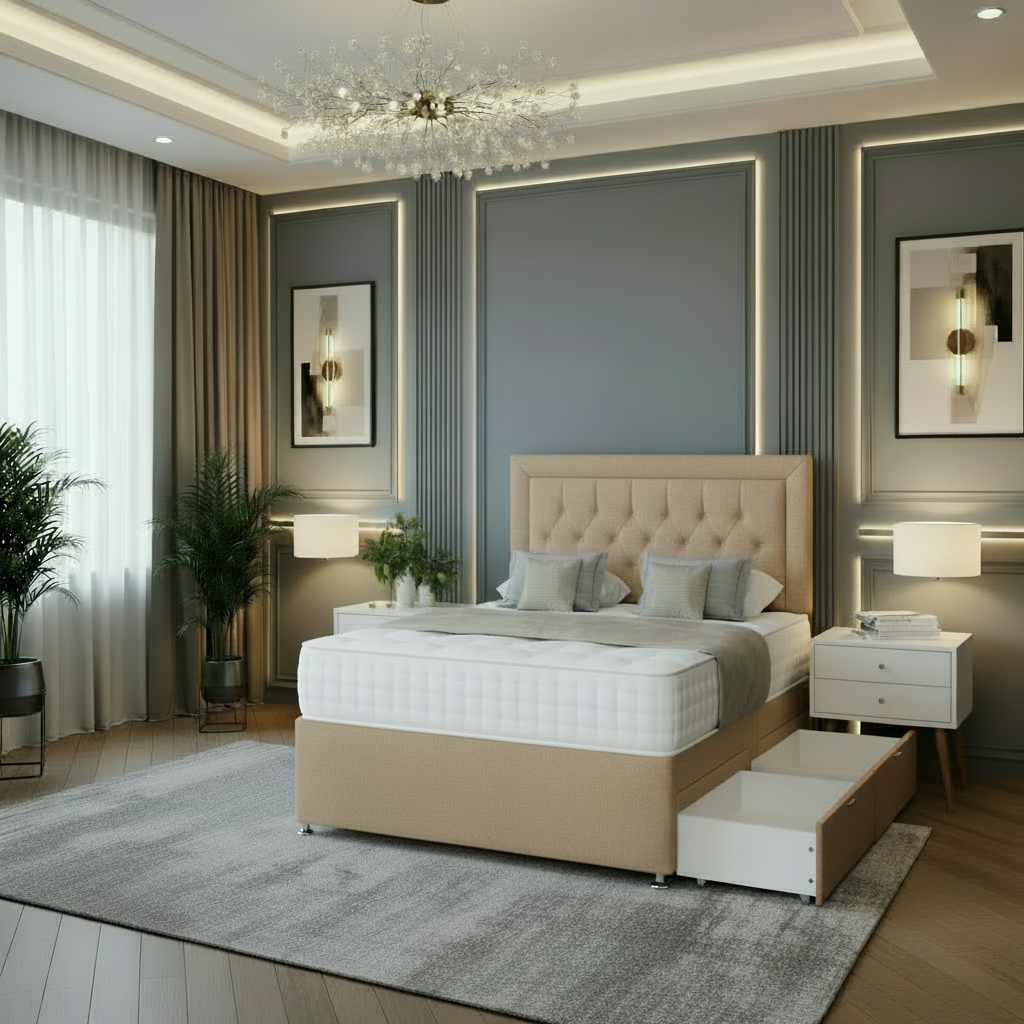 Modern bedroom with gray upholstered bed, nightstands, and decorative elements.