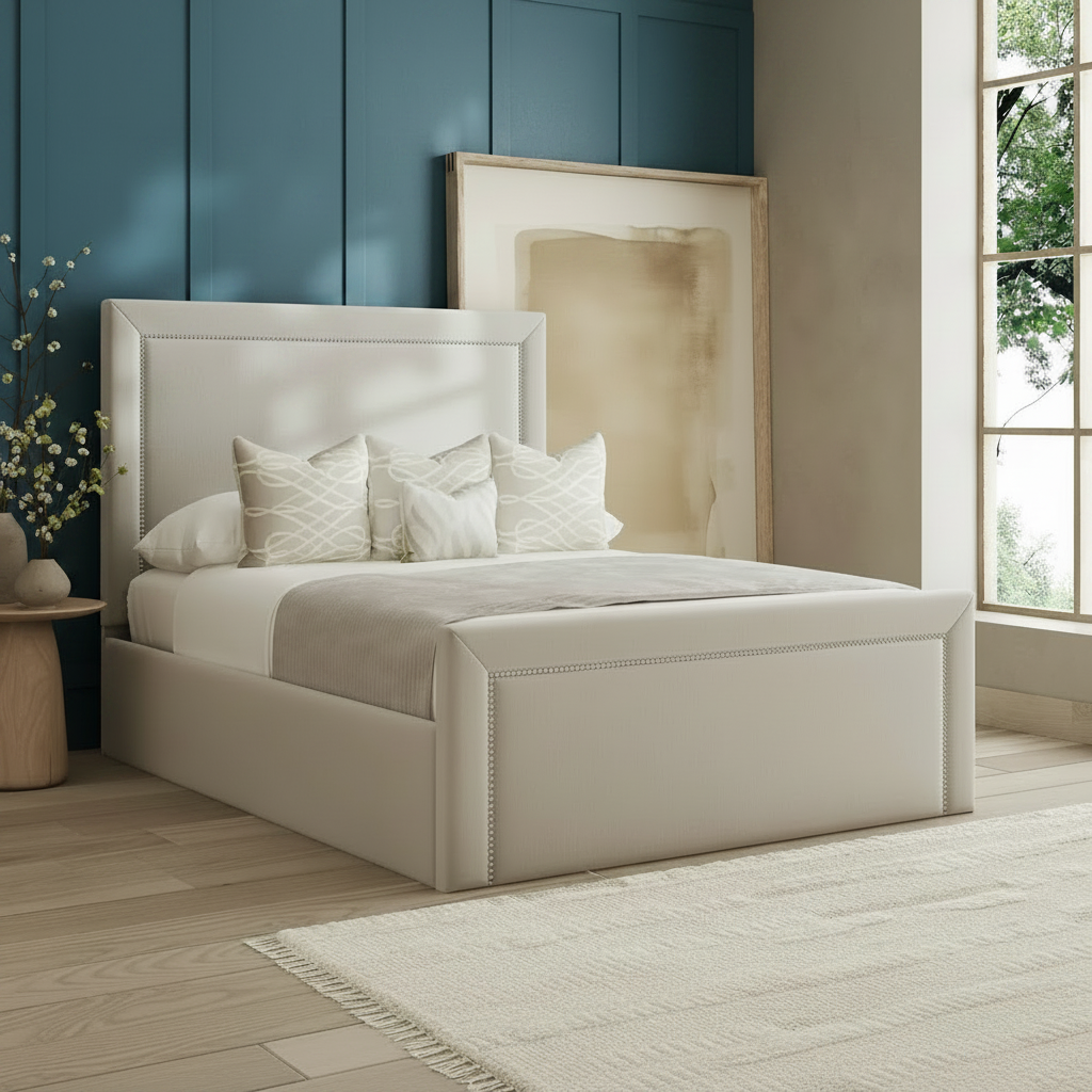 Beige upholstered bed with decorative pillows in a bedroom setting.