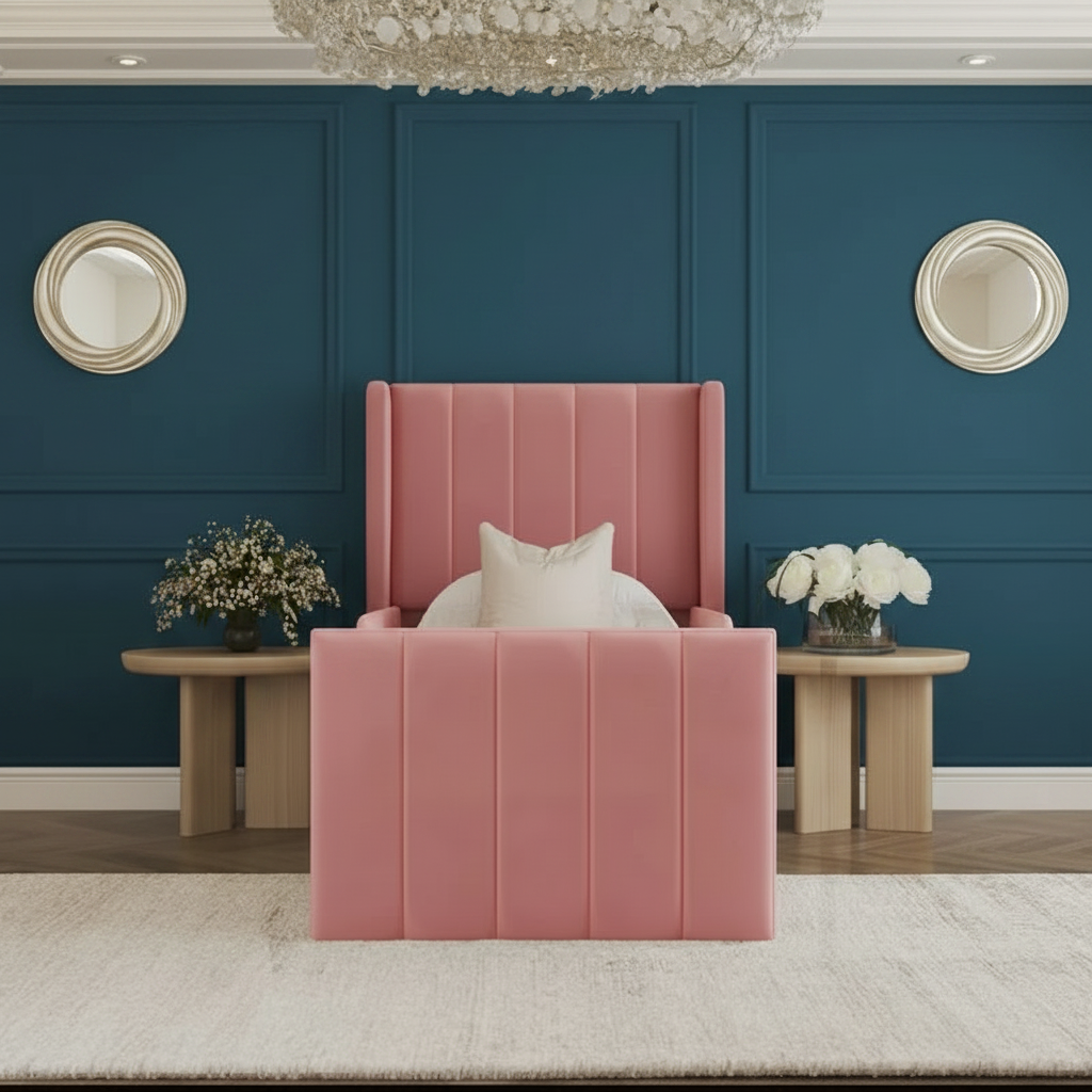 Pink upholstered bed in a stylish bedroom with decorative elements.