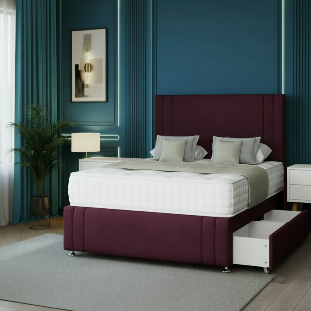 Beige upholstered bed with storage drawers in a bedroom setting.