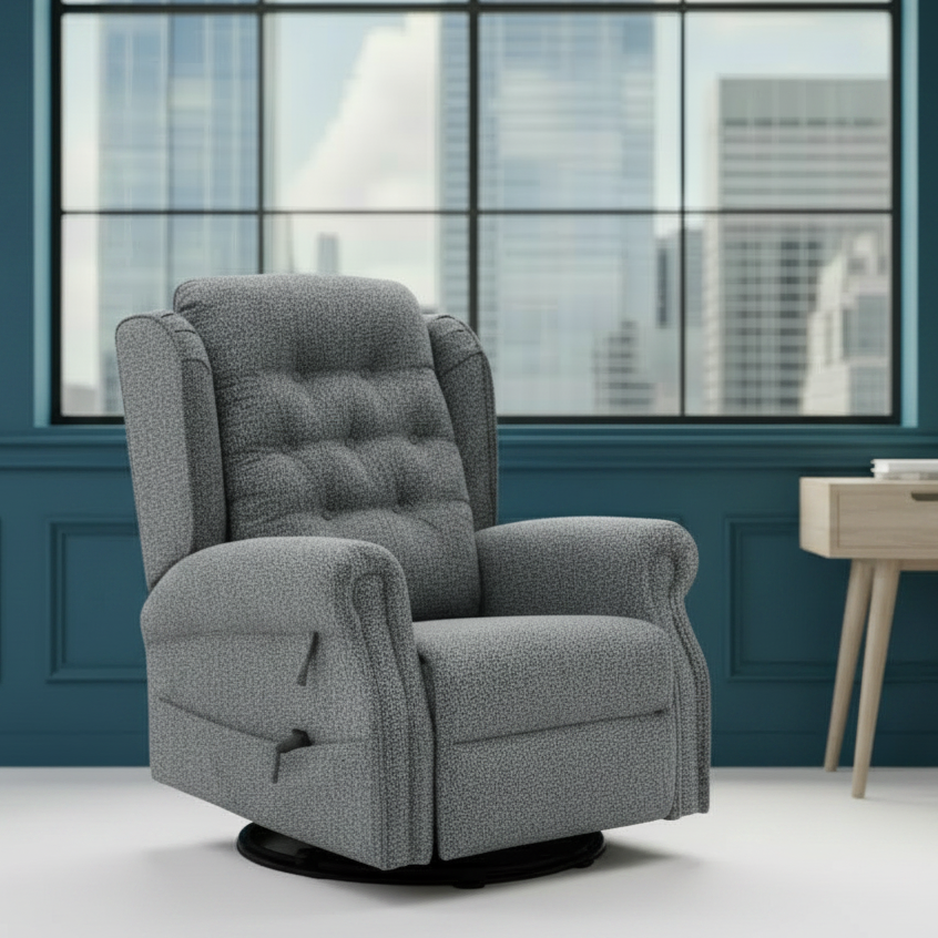 Gray recliner chair in a room with large windows showing a cityscape.