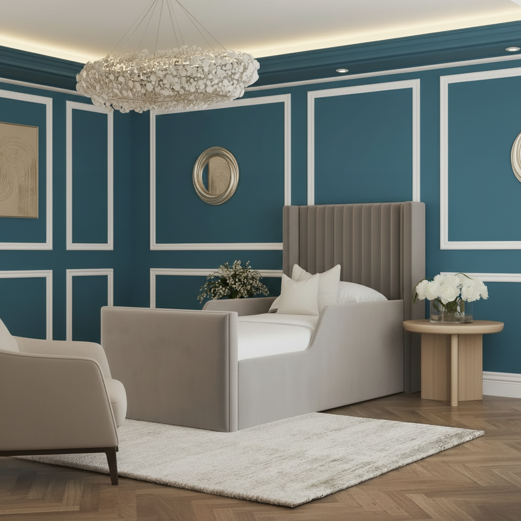 Modern bedroom with a gray upholstered bed, wooden nightstands, and decorative elements.