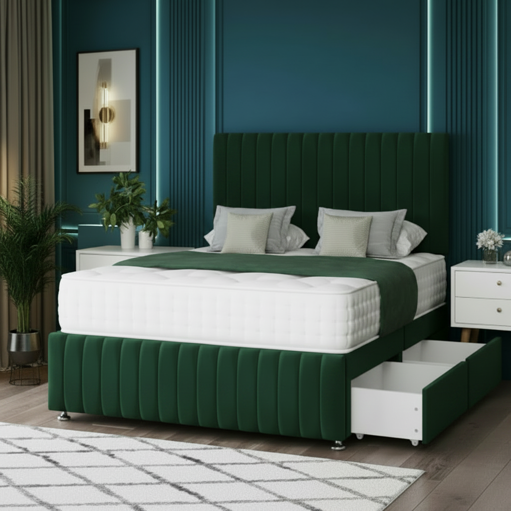 Modern bedroom with a gray upholstered bed and open drawer.