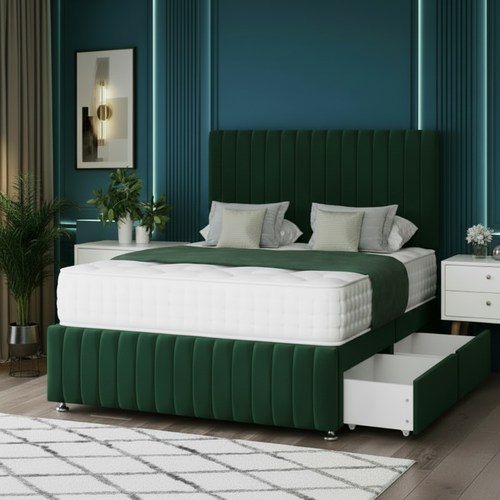 Modern bedroom with a gray upholstered bed and open drawer.