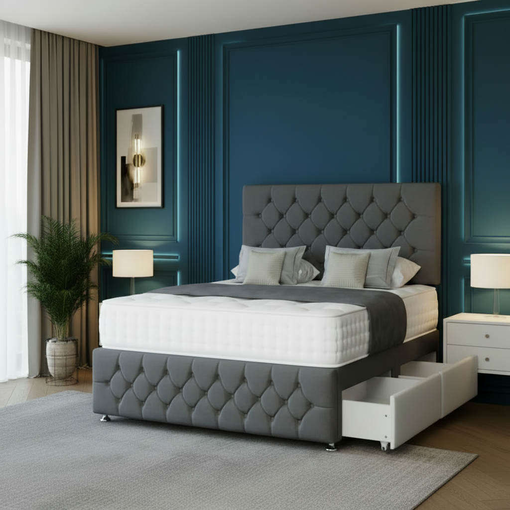 Beige tufted bed with storage drawers against a blue paneled wall in a modern bedroom.