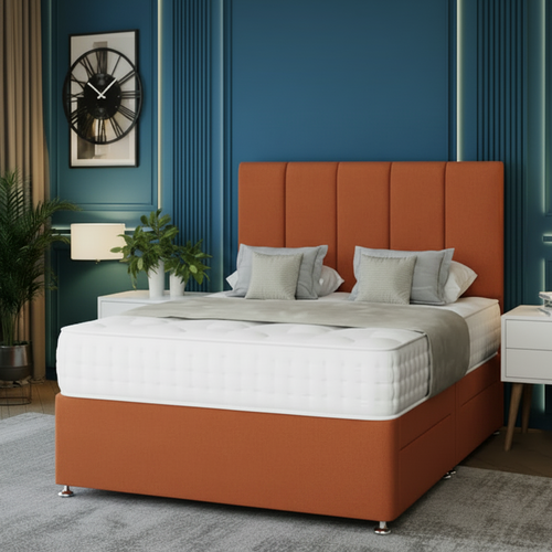 Modern bedroom with gray upholstered bed, nightstands, and decorative elements.