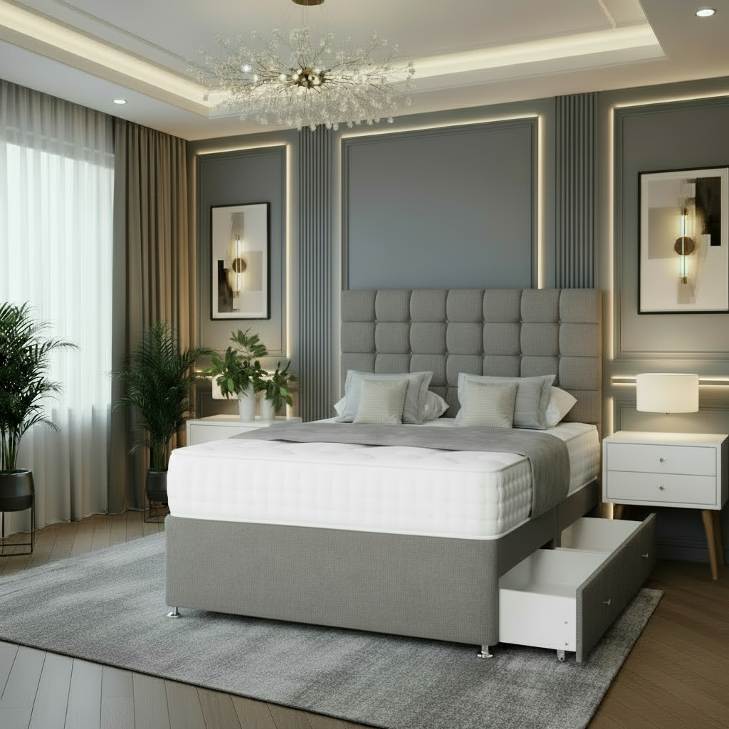 Modern bedroom with gray upholstered bed, white nightstands, and decorative elements.