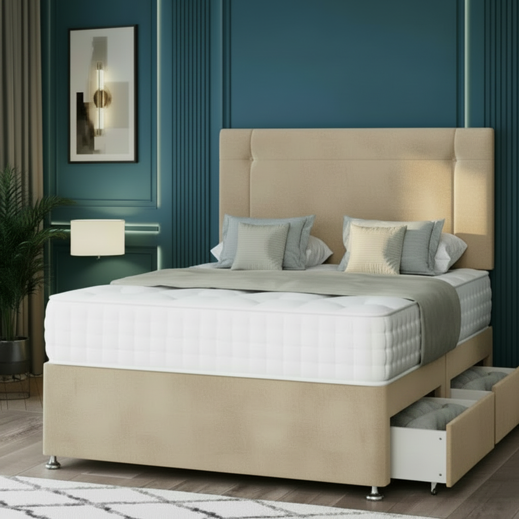 Gray upholstered bed with storage drawers in a bedroom setting.