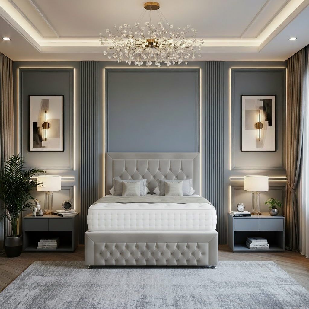 Modern bedroom with a large bed, nightstands, and decorative elements.
willow divan bed, storage divan bed, luxury divan bed, fabric upholstered bed, pocket sprung mattress, memory foam mattress, handmade uk bed, modern divan bed, bedroom storage bed, upholstered storage bed