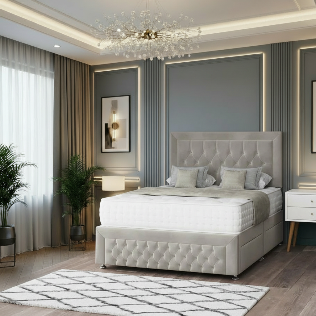 Modern bedroom with a tufted bed, gray walls, and decorative elements.
willow divan bed, storage divan bed, luxury divan bed, fabric upholstered bed, pocket sprung mattress, memory foam mattress, handmade uk bed, modern divan bed, bedroom storage bed, upholstered storage bed