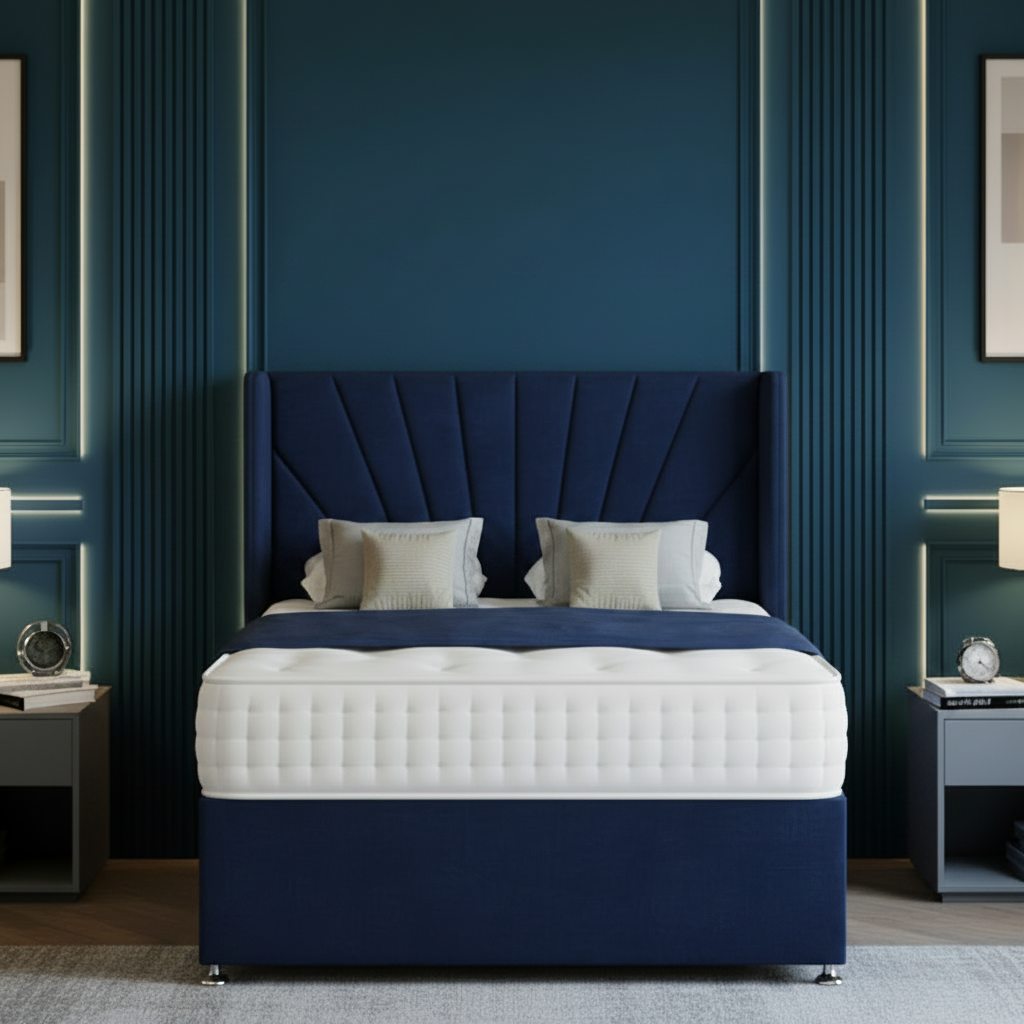 Modern bedroom with a large bed, nightstands, and decorative elements.