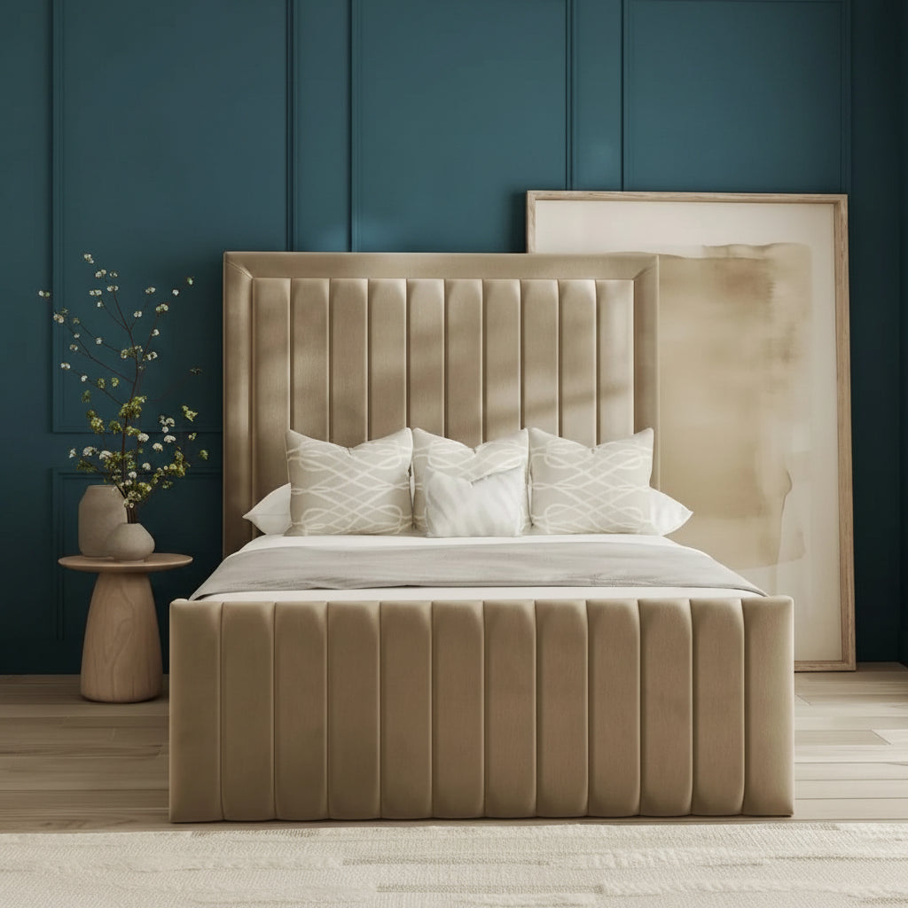 Beige upholstered bed with pillows in a neutral-colored room