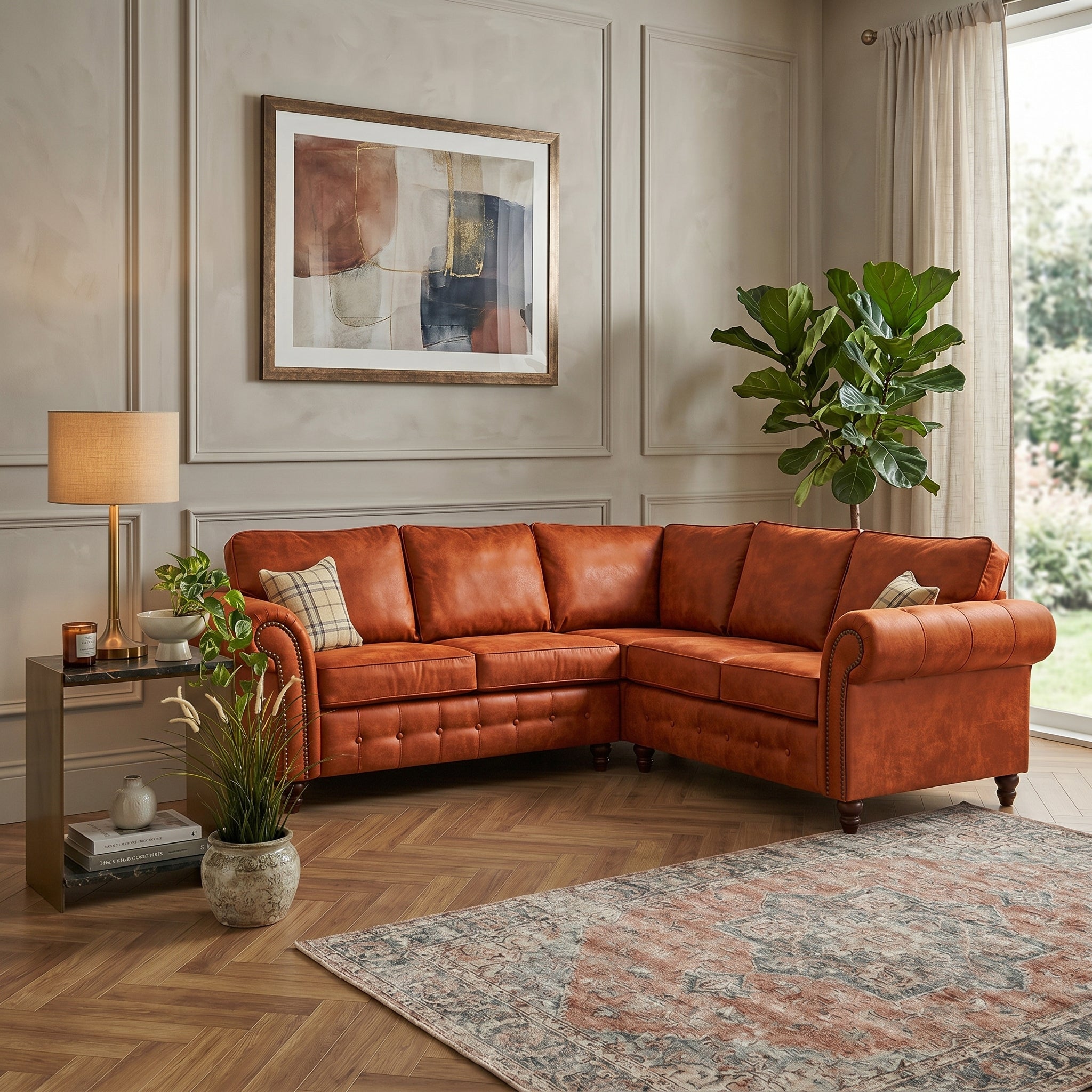 Brown leather sectional sofa in a living room with decor elements.