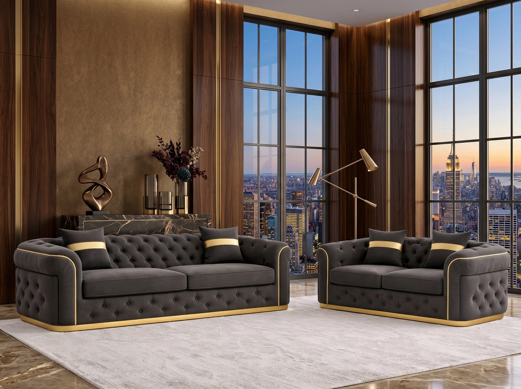 Chesterfield Sofa Set with Gold Trim