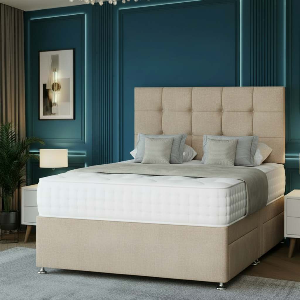 Modern bedroom with a large bed, nightstands, and decorative elements.
