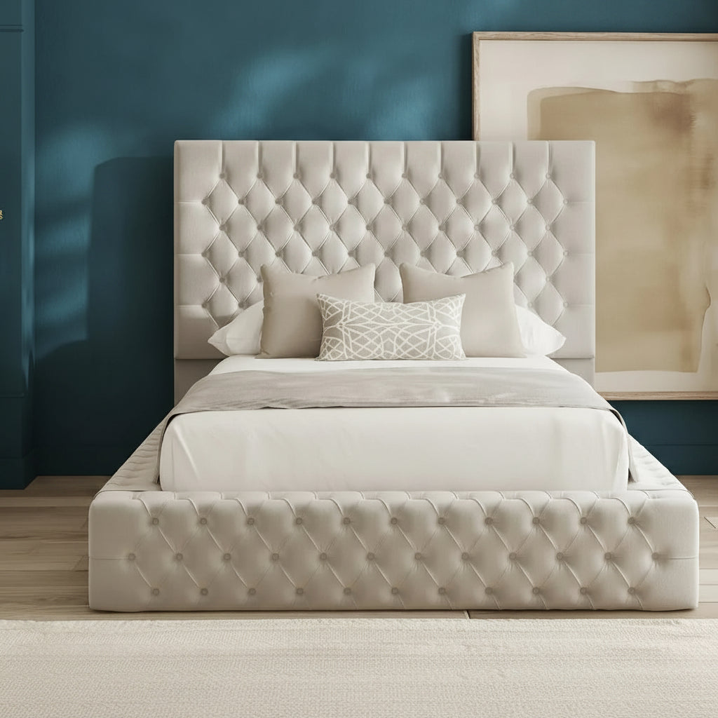 Beige tufted bed with decorative pillows in a bedroom setting.