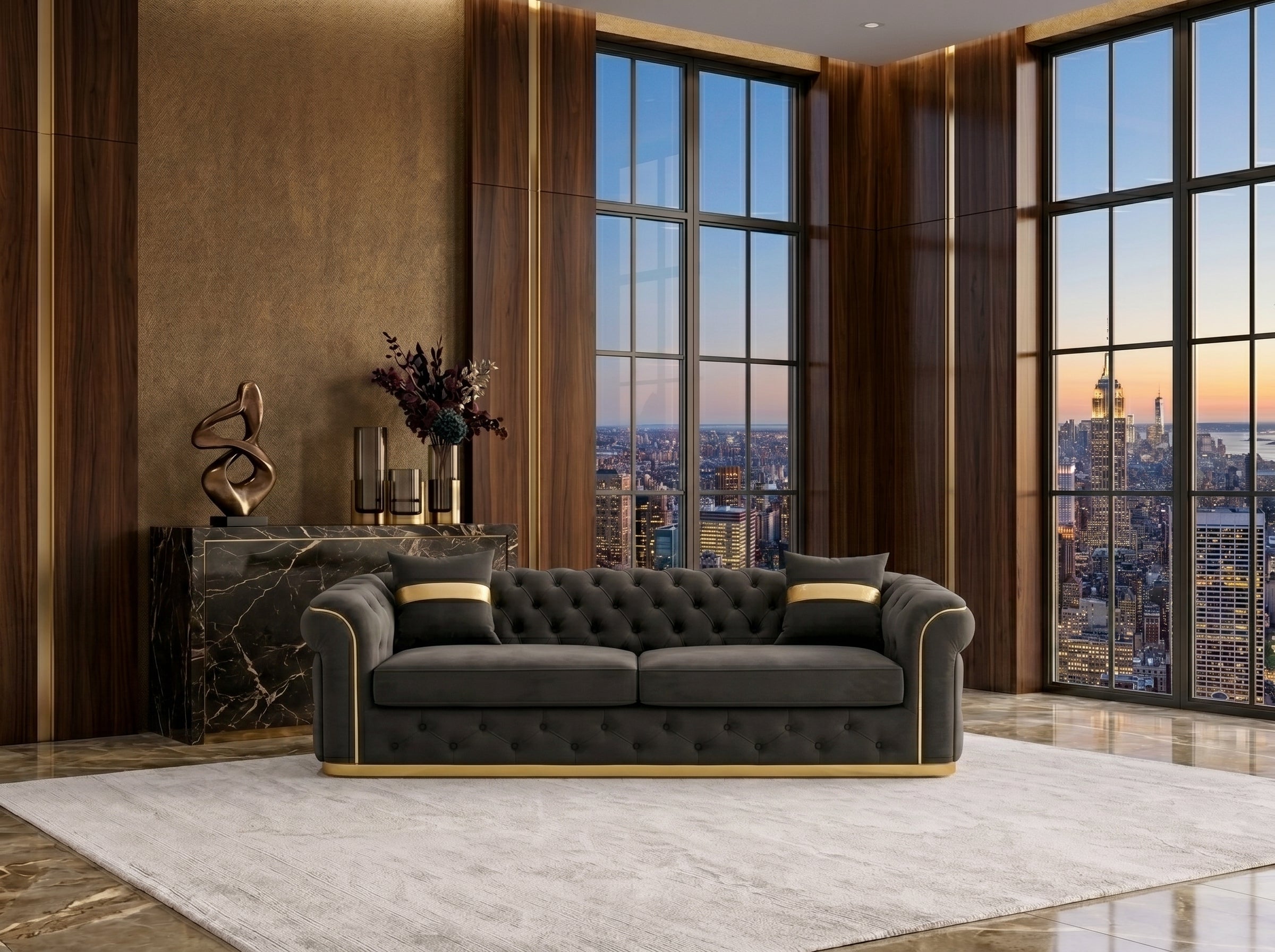 Chesterfield Sofa Set with Gold Trim